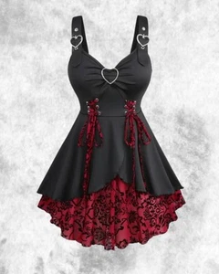 New Black/Red Gothic Corset Side Heart Buckle Flocked Tank Top size 2XL 20 22 24 - Picture 1 of 5
