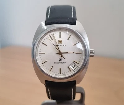 Vintage SS Movado Z silver dial date Swiss 12 j Tuning Fork watch black strap - image 1 of 4