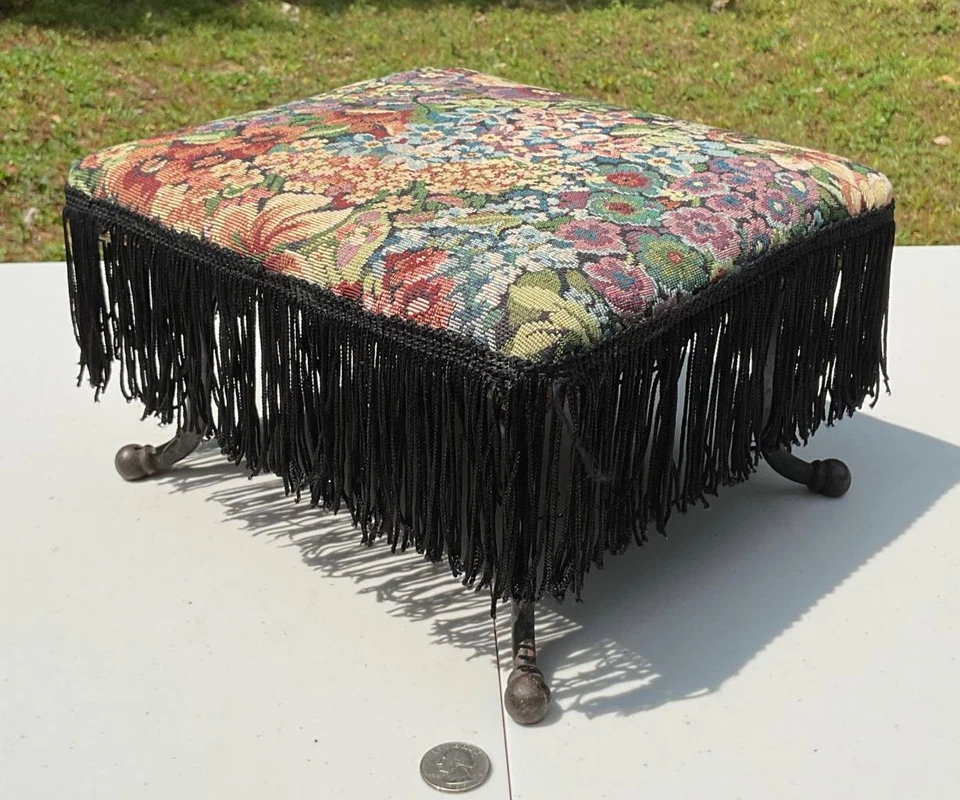 Vintage Fringed Floral Tapestry Unique Cast Iron Hook Feet Foot Stool Foot Rest - Image 1 of 1
