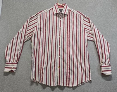 Camisa de vestir Thomas Dean para hombre grande a rayas roja púrpura amarilla abotonada manga larga Foto 1 de 4