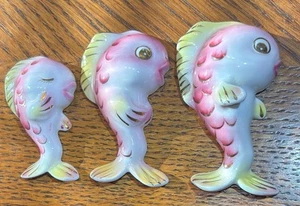 VTG MCM Lefton Pink Fish Family Ceramic Wall Hang Bathroom Decor Set Japan - Picture 1 of 8