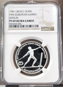1981 GREECE SILVER 250 DRACHMAI PAN EUROPEAN GAMES JAVELIN NGC PF 69 ULTRA CAMEO - Picture 1 of 3