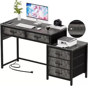 52" Home Office Desk with Power Outlets File Cabinet and Printer Stand Black Oak - Picture 1 of 7