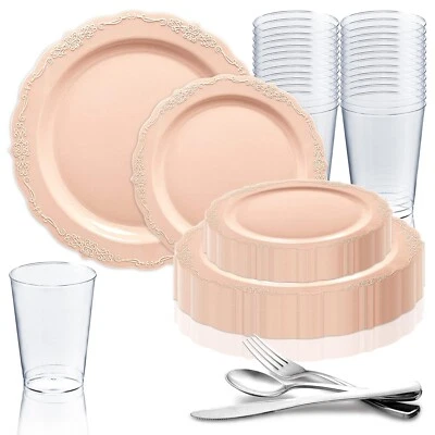Juego de vajilla de plástico desechable paquete de fiesta de boda elegantes platos vintage Foto 1 de 2
