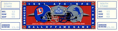 1991 Hall OF Fame Game Ticket Denver Broncos vs Detroit Lions 37544 Cover