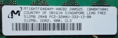 MICRON TECH - TWO 512MB 184-Pin PC3200 400 MHZ CL3 DIMM DDR2 RAM - Image 1 of 2