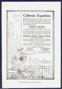 Anuncio ferroviario del Pacífico Sur de 1915, California Expositions - Imagen 1 de 1