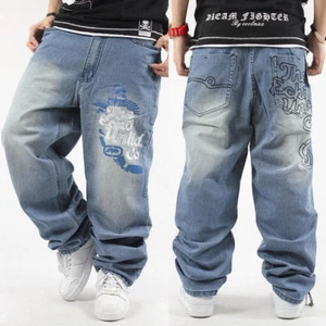 Mens Hip-Hop Jeans Denim Ecko Relaxed Baggy Loose Streetwear HipHop Pants Punk - Picture 1 of 13
