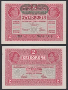 Austria 2 kronen 1917 1919 Deutschösterreich Overprint P50 Block 1653 aVF+ - Picture 1 of 8