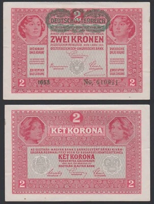 Austria 2 kronen 1917 1919 Deutschösterreich Overprint P50 Block 1653 aVF+ - Image 1 of 4
