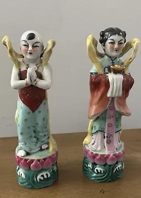Estatuillas de prosperidad de porcelana china Famille Rose para niño y niña - un par Foto 1 de 4