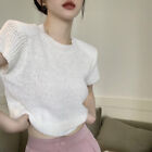 Summer Retro Short Sleeve Knitted T-shirt Women Solid Color Round Neck Crop To s