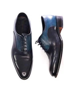 $1,595 SANTONI - "GOODYEAR WELT” Navy/Turquoise Cap-toe Oxfords - 9 US (8 IT) - Picture 1 of 9
