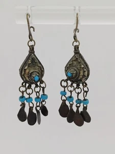 Vintage/Antique Yemenite Yemen Silver & Turquoise Ornate Ethnic Bohemian Drop... - Picture 1 of 14
