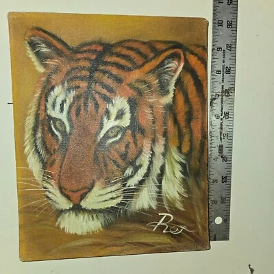 Pintura al óleo original firmada por Rex de colección enmarcada 2 cachorros tigre lienzo estirado 8X10 Foto 1 de 4