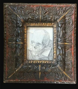 Antique 17th C. Painted Papier Mâché Frame + 20th C. Vanitas Drawing Italy - Picture 1 of 12