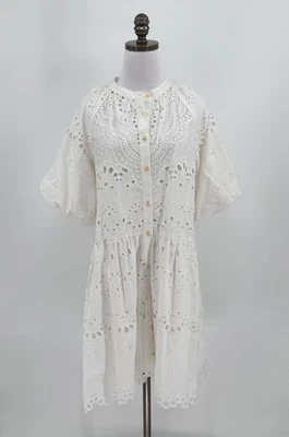 Vestido By Anthropologie Blanco Ojales Manga Abullonada Abotonada Alto Bajo con Slip Talla M Foto 1 de 4