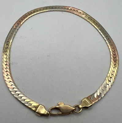 14K Solid 3 Tone Gold Flat Snake Bracelet 5.7Grams, 7Inches, 4mm - Image 1 of 4