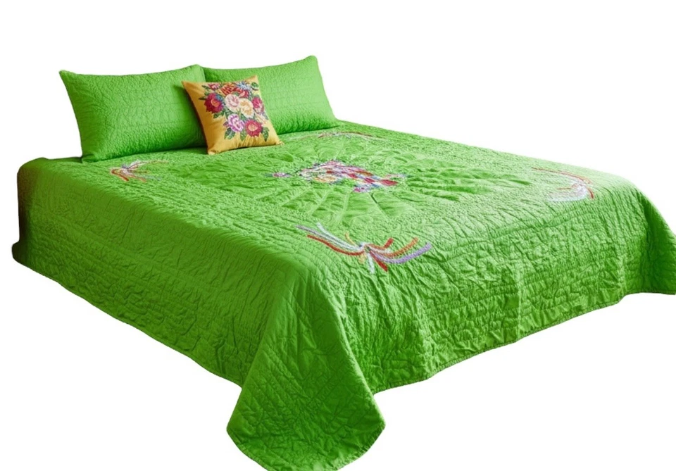 Asian Hand Embroidered Silk Peacock Bedspread  Vibrant Green Quilted Blanket - Image 1 of 4