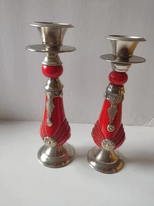 vintage Orange Resin Chrome Moroccan 2 CANDLE HOLDER Jewish Judaica Sabbath - Picture 1 of 7