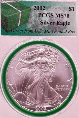 2002-P $1 SILVER EAGLE PCGS MS70 DIRECT FROM US MINT SEALED MONSTER BOX #14189 - Image 1 of 4