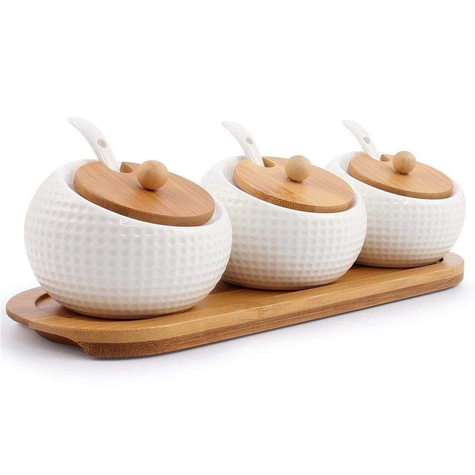 Porcelain Condiment Jar Spice Container Lids - Bamboo Cap Holder Spot Ceramic 3