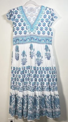 Bella Tu Blue & White Cotton Lined Maxi Dress Women's Small W/ Pockets - Image 1 of 4