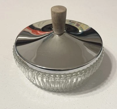 Vintage Lazy Susan Center Dip Glass Bowl with Chrome Silver Lid 6” - Image 1 of 4