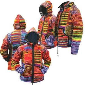Men's Tie-Dye Patchwork Wool Hippie Hoodie Fleece Lined Winter Jacket - Picture 1 of 5