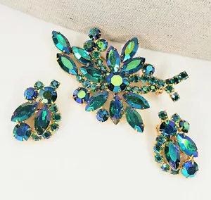 Juego de Pendientes Broche Blanco Vintage Tono Dorado Azul Verde AB Estrás Firmado - Imagen 1 de 12