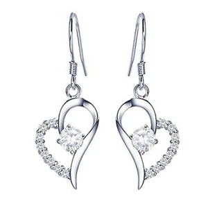 925 Sterling Silver Plated Heart Cubic Zirconia Crystal Ear Dangle Drop Earrings - Picture 1 of 3