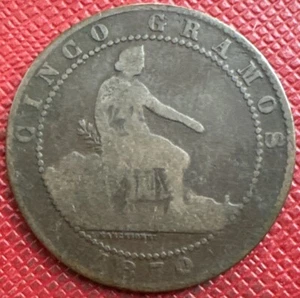 Spain, Provisional Government 1870-OM Bronze 5 Centimos. One Year Type. KM# 662 - Picture 1 of 2