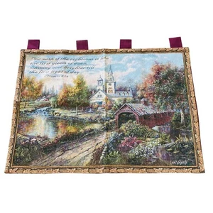 Maple Creek Covered Bridge Country Church Tapestry Wall Hanging w/Proverbs Verse - Picture 1 of 1