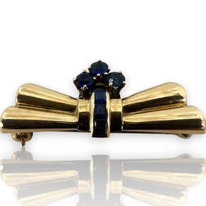 Retro Era 1930-50s Lab Created Sapphire 14k Yellow Gold Brooch Pin - Picture 1 of 5