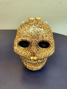 Totenkopf Abendtasche Clutch Handtasche, Gold Strass, schwarze Augen - Bild 1 von 9