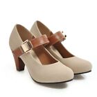 Women Block High Heel Strap Buckle Shoes Round Toe Mary Jane Pumps Size US 4-13