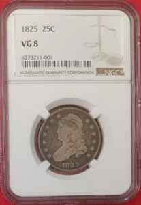 1825/4/2 Capped Bust Quarter, B.2, NGC VG08 - Picture 1 of 6