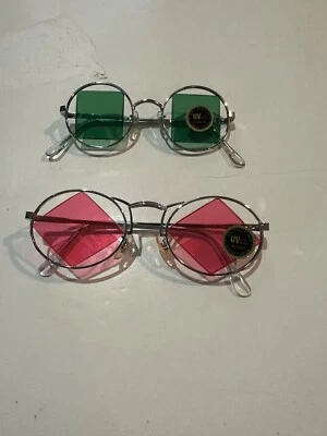 2 SILVER Geometric  Vintage 80’s. &. 90s Sunglasses PINK & GREEN - Image 1 of 2