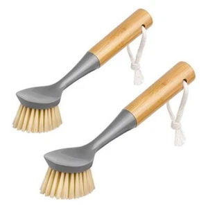 Dish Brush with Bamboo Handle Built-in Scraper, Scrub Brush for Pans, Gray - Picture 1 of 8
