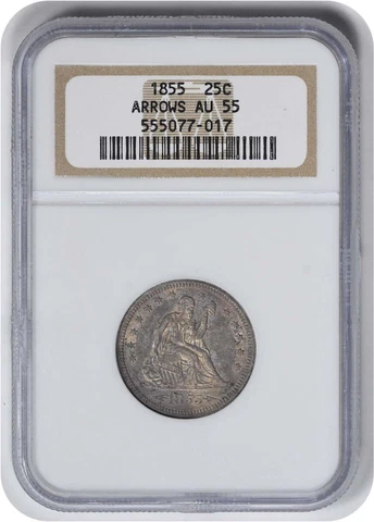 1855 Liberty Seated Silver Quarter Arrows AU55 NGC Cover