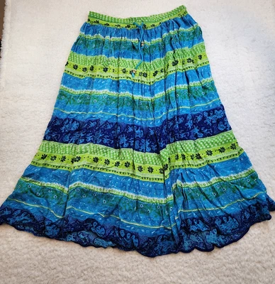 Saia Maxi Vintage Liz Baker Essentials XL Verde Azul Boho Fluido Elástico Artístico - Imagem 1 de 4
