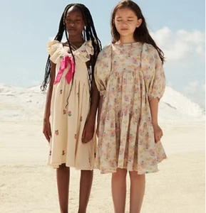 Bebe Organic June Seersucker Summer Dress Floral Puff Sleeve Cotton Girls Sz 12 - Picture 1 of 7