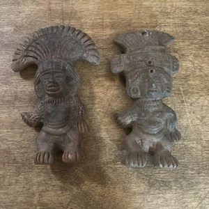 2 Mexico Aztec Mayan Clay Figures 1 Pendant Pottery 4" Tall  Cool - Picture 1 of 3
