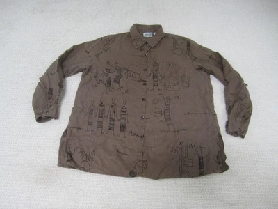 Chico's Design Shirt Womens 2 Brown 100% Linen Casual Button Down Top Graphic - image 1 of 4