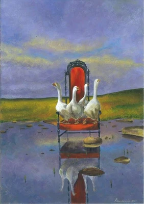 pintura original A3 89KvK obras de arte acrílico paisaje moderno gansos en una silla Foto 1 de 3