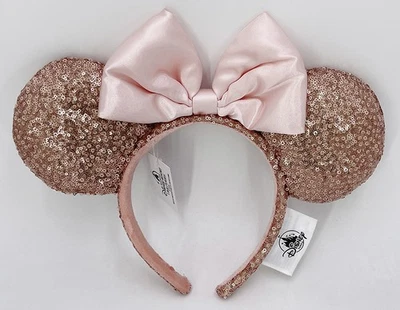 Orejas de Minnie Mouse 2025 Disney Raras Lentejuelas Regalo Diadema Oro Rosa Lazo Satinado Foto 1 de 2