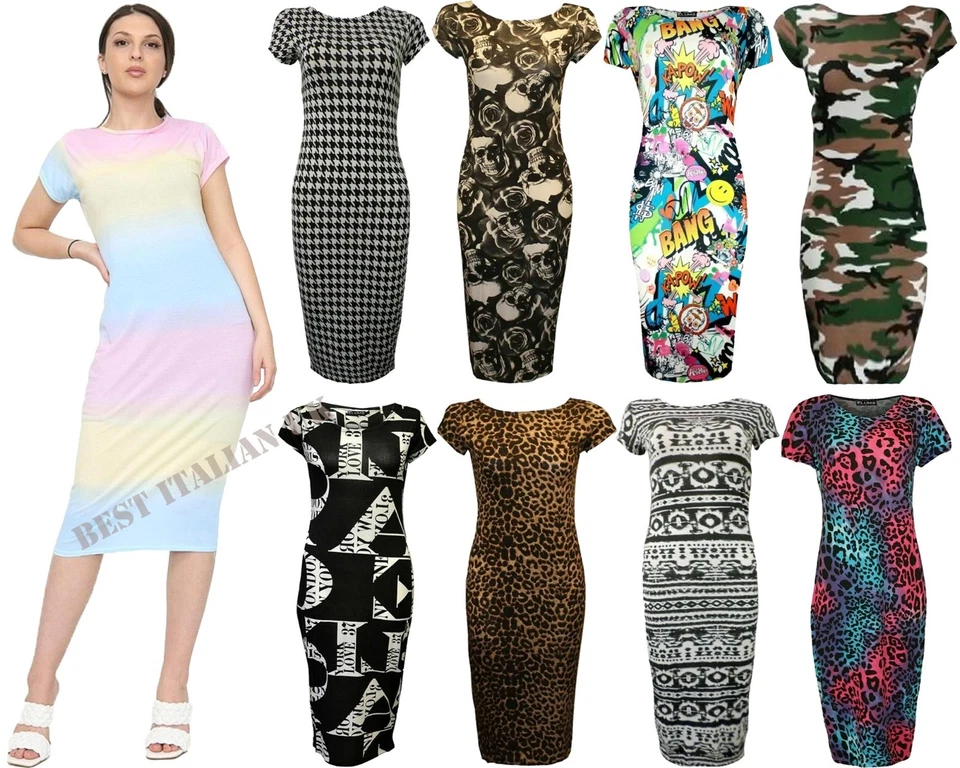 Mujeres Damas Vestido Midi Estampado Manga Gorra Elastizado Cuello Redondo Bodycon Todo Reino Unido 8-26 Foto 1 de 1