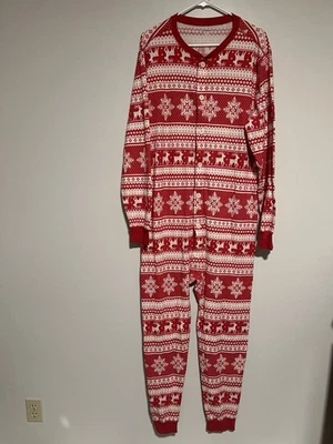 Antiguo pijama azul marino de una pieza reno copo de nieve Fair Isle tejido waffle térmico L Foto 1 de 4