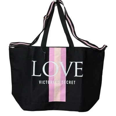 Bolso de Mano Victoria's Secret LOVE Negro Rosa Logo Grande Fin de Semana Nuevo con Etiquetas Llevar Foto 1 de 4