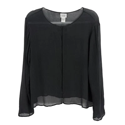 EILEEN FISHER 100% Silk Single Button Sheer Cardigan Top L Black Long Sleeve B66 - Image 1 of 4